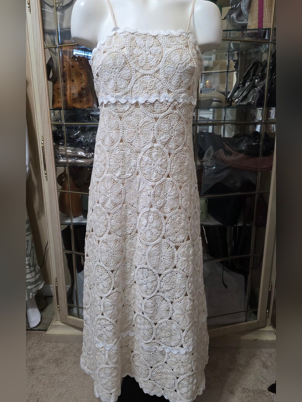 Crochet Maxi Dress in Cream — Sleeveless Spaghetti Strap